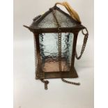 Arts & Crafts rivet-jointed copper lantern with moulded glass panels and chain