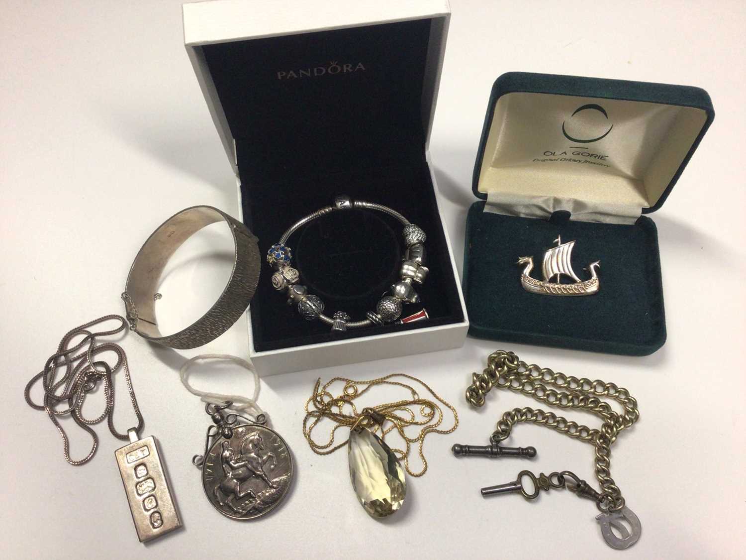 1960s silver bangle, silver ingot pendant on chain, other jewellery and Pandora charm bracelet in bo