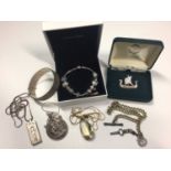 1960s silver bangle, silver ingot pendant on chain, other jewellery and Pandora charm bracelet in bo