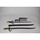 French 1866 Pattern Chassepot bayonet with steel scabbard dated 1868, French Gras bayonet, and Swedi