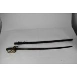 Victorian 1845 Pattern Infantry Officers sword with brass Gothic hilt , fullered blade in leather fi