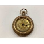 A 14k gold cased ladies fob watch signed Cuivre, with chased and enamelled decoration (runs but glas