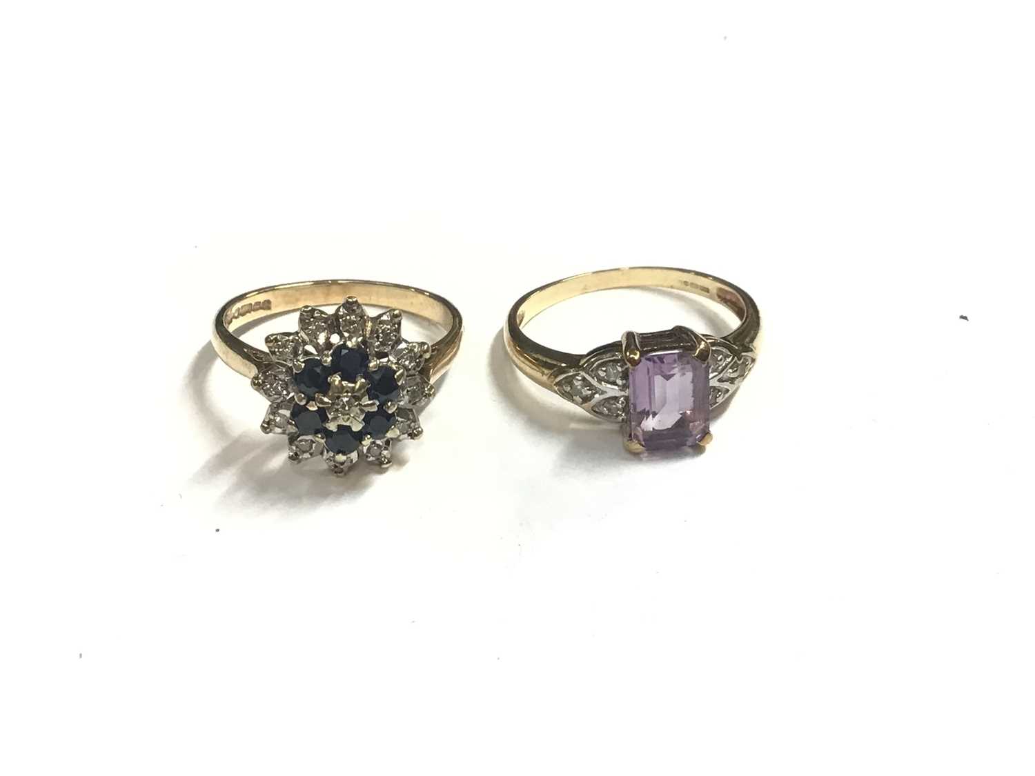 9ct gold sapphire and diamond cluster ring and 9ct gold amethyst and diamond dress ring