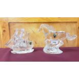 Waterford Crystal running horse and a Waterford Crystal tall ship, both boxed