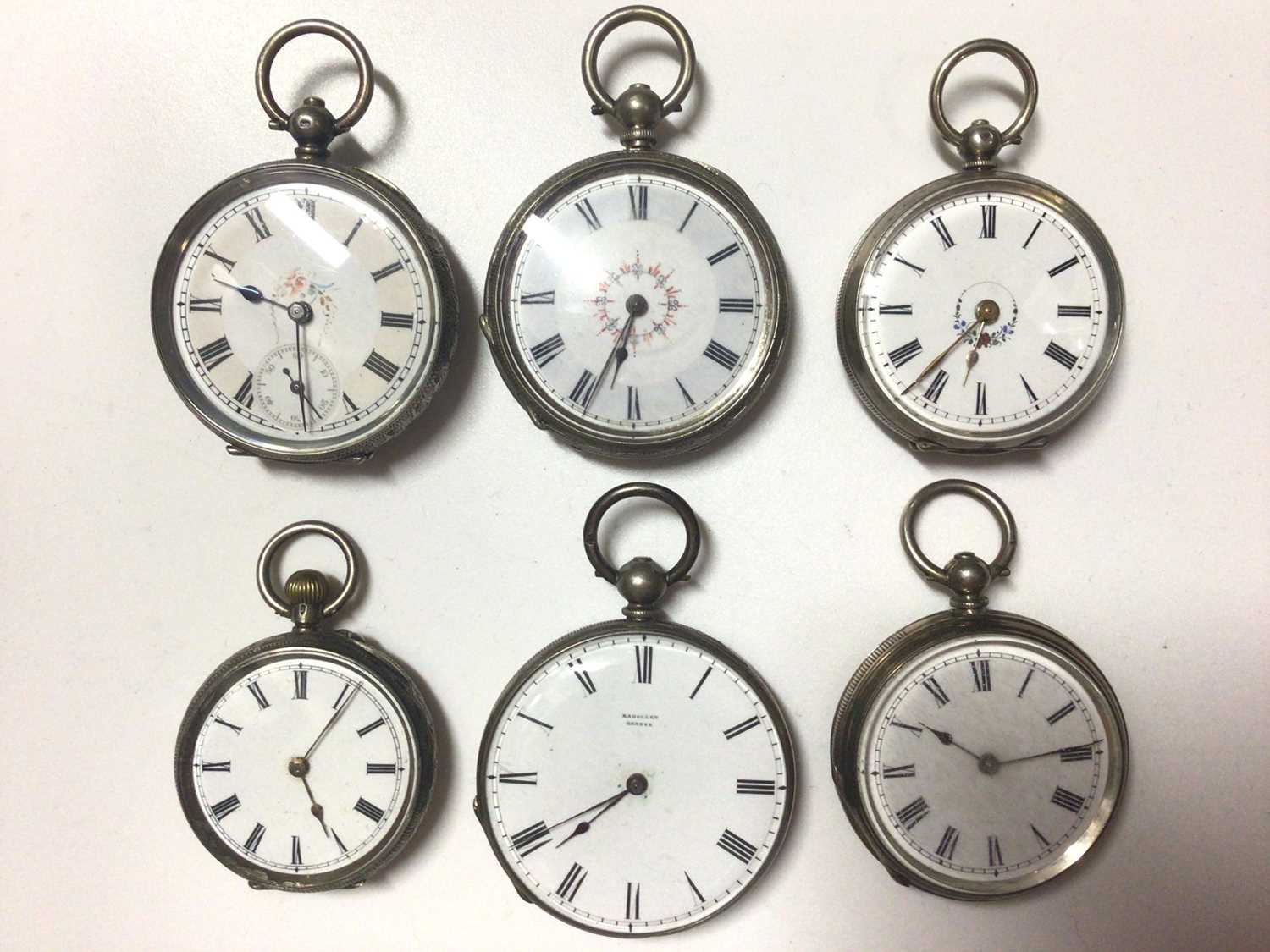 Six silver cased fob watches