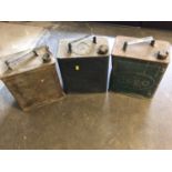 Collection of six vintage petrol cans including Shell, Esso, Redline, Pratts,