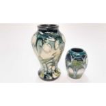 Moorcroft miniature pottery vase decorated in the Misty Moon pattern by Rachel Bishop together with