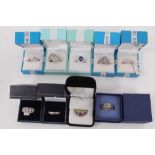 Nine silver gem set dress rings, all boxed (some new with labels)