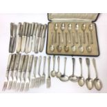 Set of twelve silver teaspoons in fitted case, other silver flatware and silver handled cutlery