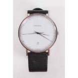 Georg Jensen Koppel quartz wristwatch with white dial, dot markers and date aperture in stainless st