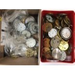 A large quantity of watchmaking parts including movements, cases, dials, glasses, etc