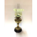 Victorian brass oil lamp with Vaseline glass shade and two further shades