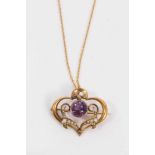 Art Nouveau 9ct gold seed pearl and amethyst pendant/brooch on 9ct gold chain