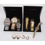 Two 9ct gold gem set dress rings, pair gem set half hoop earrings and six various wristwatches