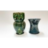 Farnham pottery green owl jug by Harris 17 cm and another blue owl jug 11cm (2)