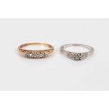 18ct gold diamond five stone ring and 18ct white gold synthetic white stone ring