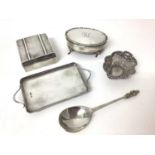 Silver two handled trinket tray, silver bon bon dish, silver cigarette box, silver jewellery box and
