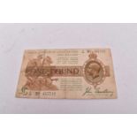G.B. - Brown purple and green One Pound banknote third issue 1917 prefix C 10 Chief Cashier J. Bradb