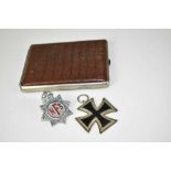 Second World War Nazi Iron Cross (Second Class), National Fire Service (NFS) badge and a leather cig