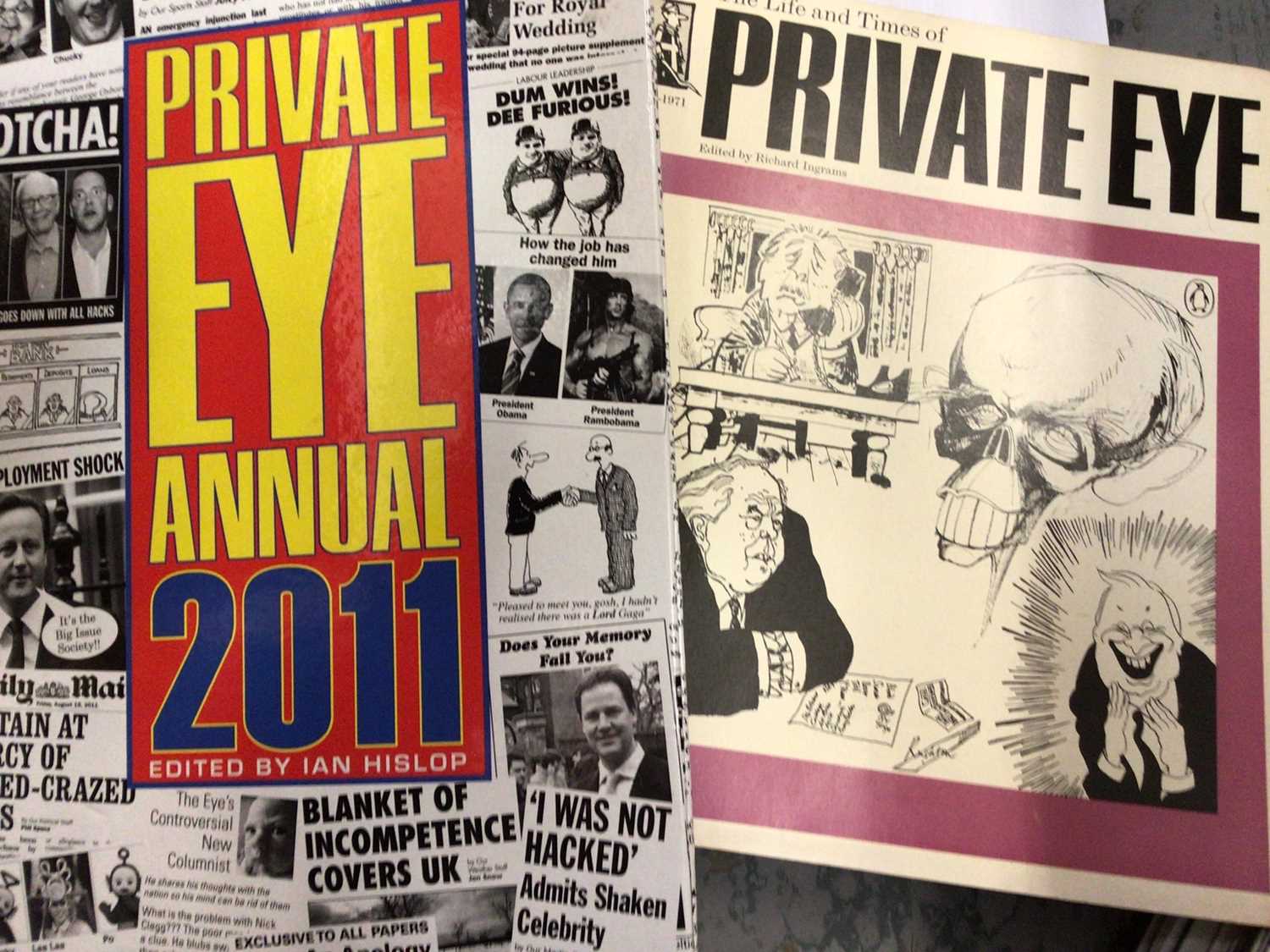 Extensive collection of Private Eye magazines together with box of paperback books