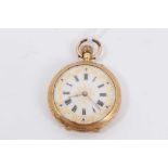 18ct gold cased fob watch with white enamel dial with gilt decoration and Roman numeral markers, in