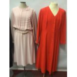 1970's Parigi pink dress with pleated bodice, 1980's Jaeger orange wool coat dress, Frank Usher even