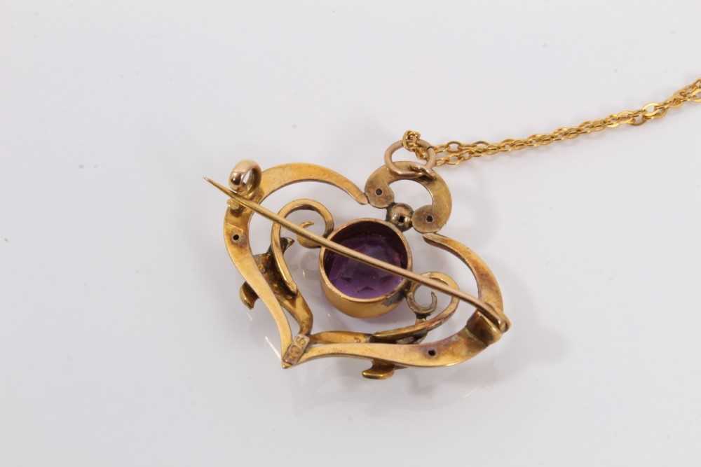 Art Nouveau 9ct gold seed pearl and amethyst pendant/brooch on 9ct gold chain - Bild 3 aus 3