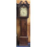 Early 19th century 8 day long case clock with arched painted dial, in stained pine case