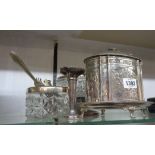 An old silver plated biscuit barrel with hinged lid and integral tray base - sold with a rose