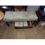 A 90cm vintage stool with tapestry upholstery, set on stained wood square legs