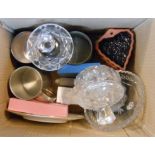 A box of assorted items including pewter mugs, ceramic jelly moulds, etc.