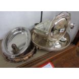 A selection of modern silver plated trays, stand and candlestick