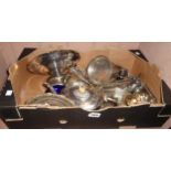 A box containing a quantity of assorted silver plated items including footed bowl and wine bottle