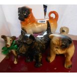 Five ceramic dog figurines including 19th Century Pug, cellulose finish examples, etc.