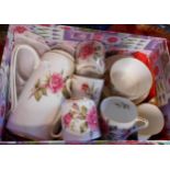 A box containing a Royal Stafford First Love pattern coffee set, comprising six cups and saucers,