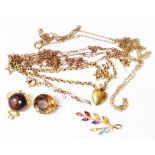 Fine yellow metal chains, fob charm and a 9ct coloured stone brooch, etc.