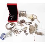 A quantity of 925 and other white metal jewellery, pair of steel buckles, and other items