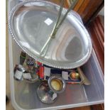 A silver plated cake stand, server and small cutlery items, etc.