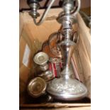 A box containing a quantity of silver plated items including a two branch three light candelabrum,