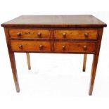 An 83cm late Georgian mahogany, cross banded and strung side table with four short drawers, set on