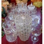 A quantity of cut and other glassware including vase, small jug, ring tree, drinking glasses, etc.