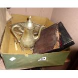 A box containing silver plated items including cased sets and coffee pot
