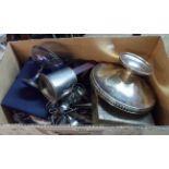 A box containing a quantity of silver plated items including cased and loose cutlery, tray, etc.