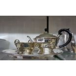 An EPNS three piece tea set on silver plated tray
