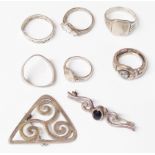 A small collection of marked 925 and other white metal items comprising two brooches and seven