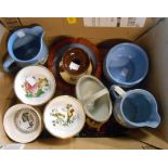 A box containing a quantity of Dartmouth pottery including Widecombe Fair jugs and sugar bowl,