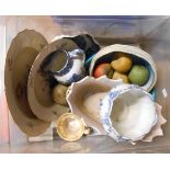 A crate containing a selection of assorted ceramics including Royal Copenhagen dishes, T. G. Green