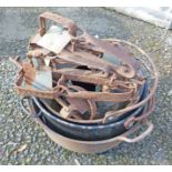 Three old cast iron and enamel cooking pots - sold with an old cast iron glue pot (insert missing)