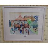 †Fred Yates: a framed watercolour, depicting figures in and around a bandstand in a park -