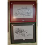 Jean Stockham: two painted framed limited edition monochrome prints, both depicting buildings on